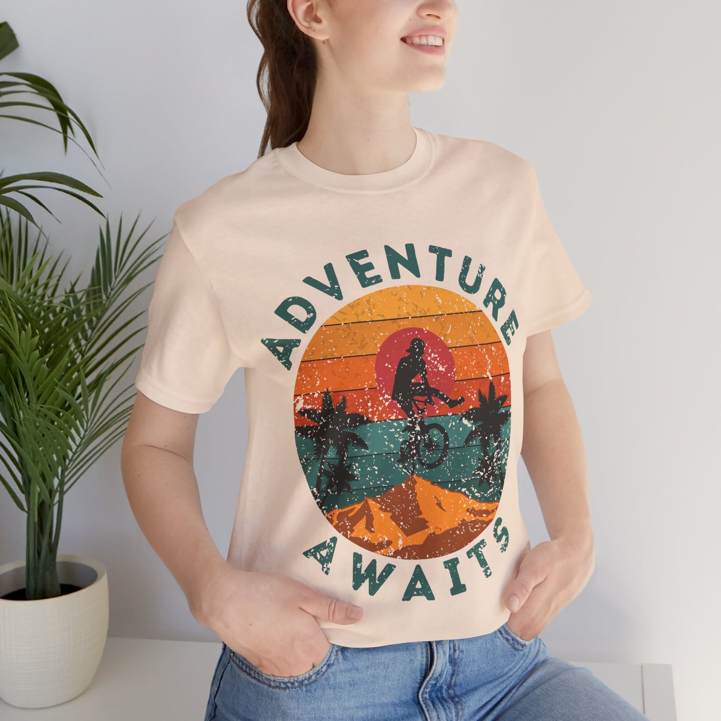 Adventure Awaits Bike Shirt, Retro Cycling Tee, Mountain Bike Shirt, Outdoor Adventure Shirt, Vintage Sunset Biker Tee, Hiking Travel Shirt