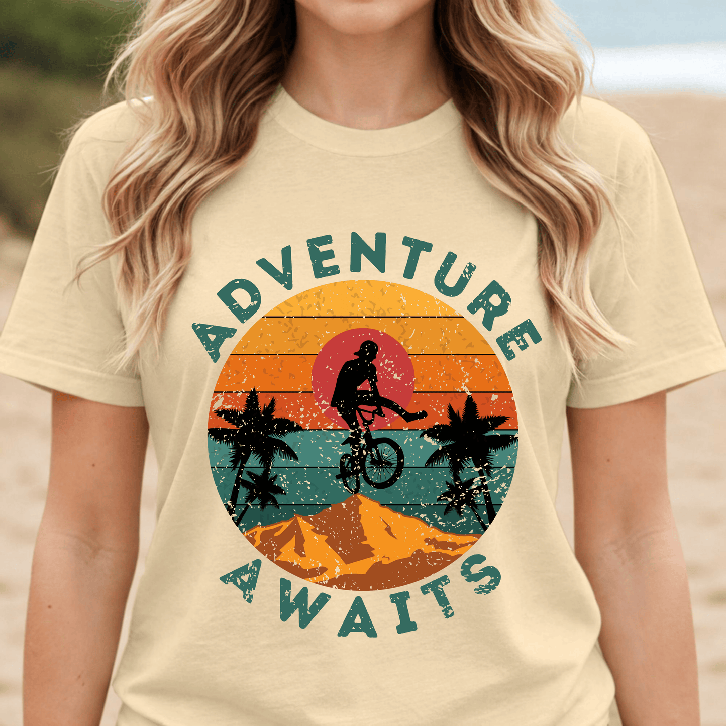 Adventure Awaits Bike Shirt, Retro Cycling Tee, Mountain Bike Shirt, Outdoor Adventure Shirt, Vintage Sunset Biker Tee, Hiking Travel Shirt