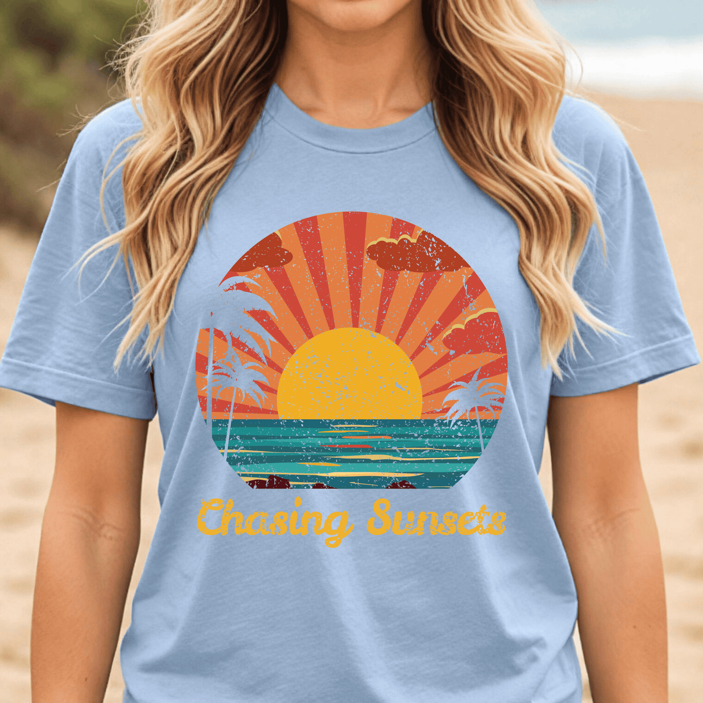 Chasing Sunsets Shirt, Retro Beach Sunset Tee, Coastal Summer Shirt, Ocean Graphic Tee, Vacation Shirt, Beach Lover Tee