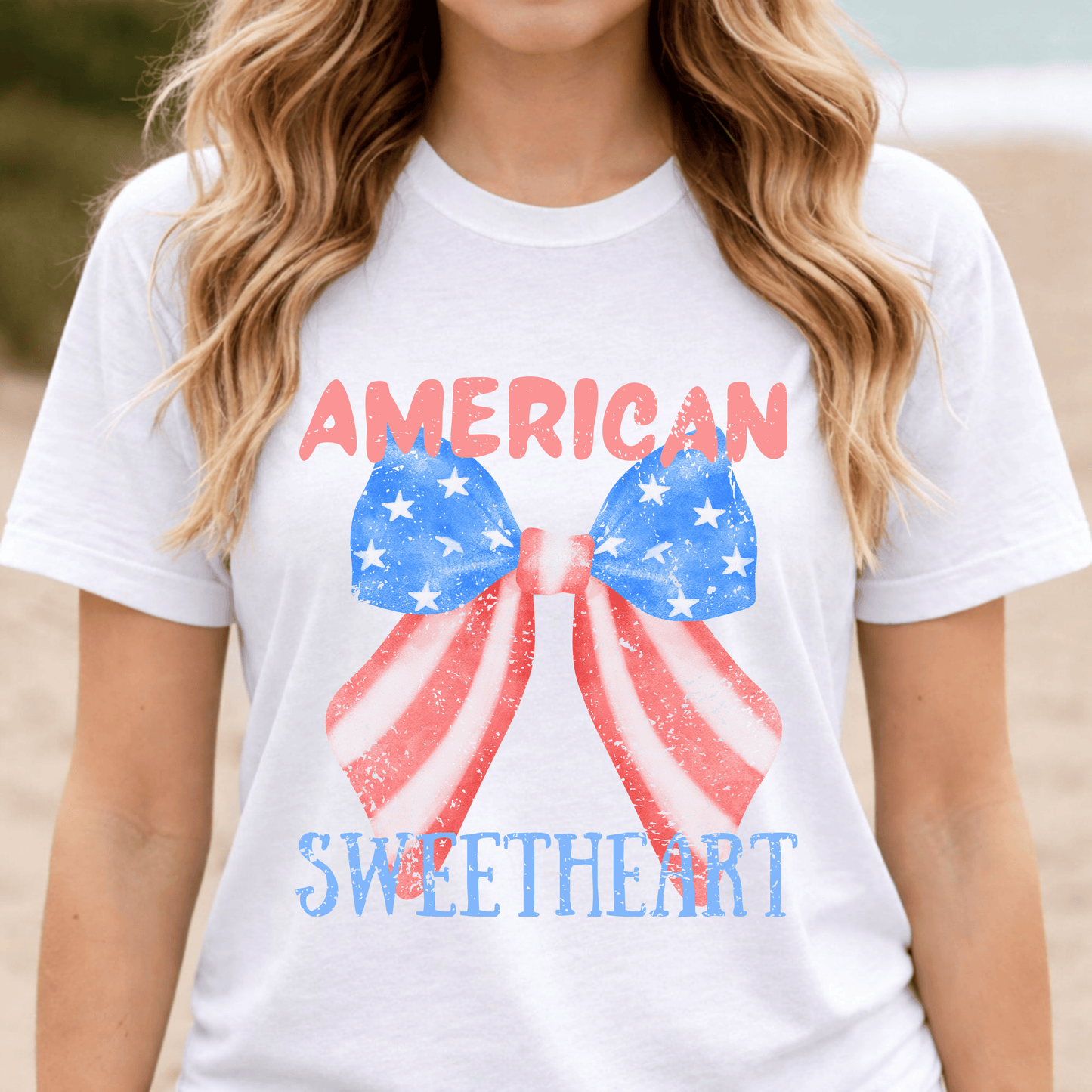 American Sweetheart Shirt, Patriotic Bow Tee, 4th of July Shirt for Women, Americana Tee, Cute USA Graphic T-Shirt, Retro July 4th Top