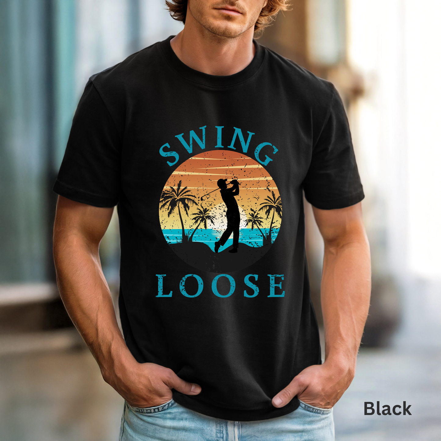 Swing Loose Shirt, Coastal Golf Tee, Beach Golf Shirt, Golf Vacation T-Shirt, Sunset Golf Graphic Tee, Golfer Gift