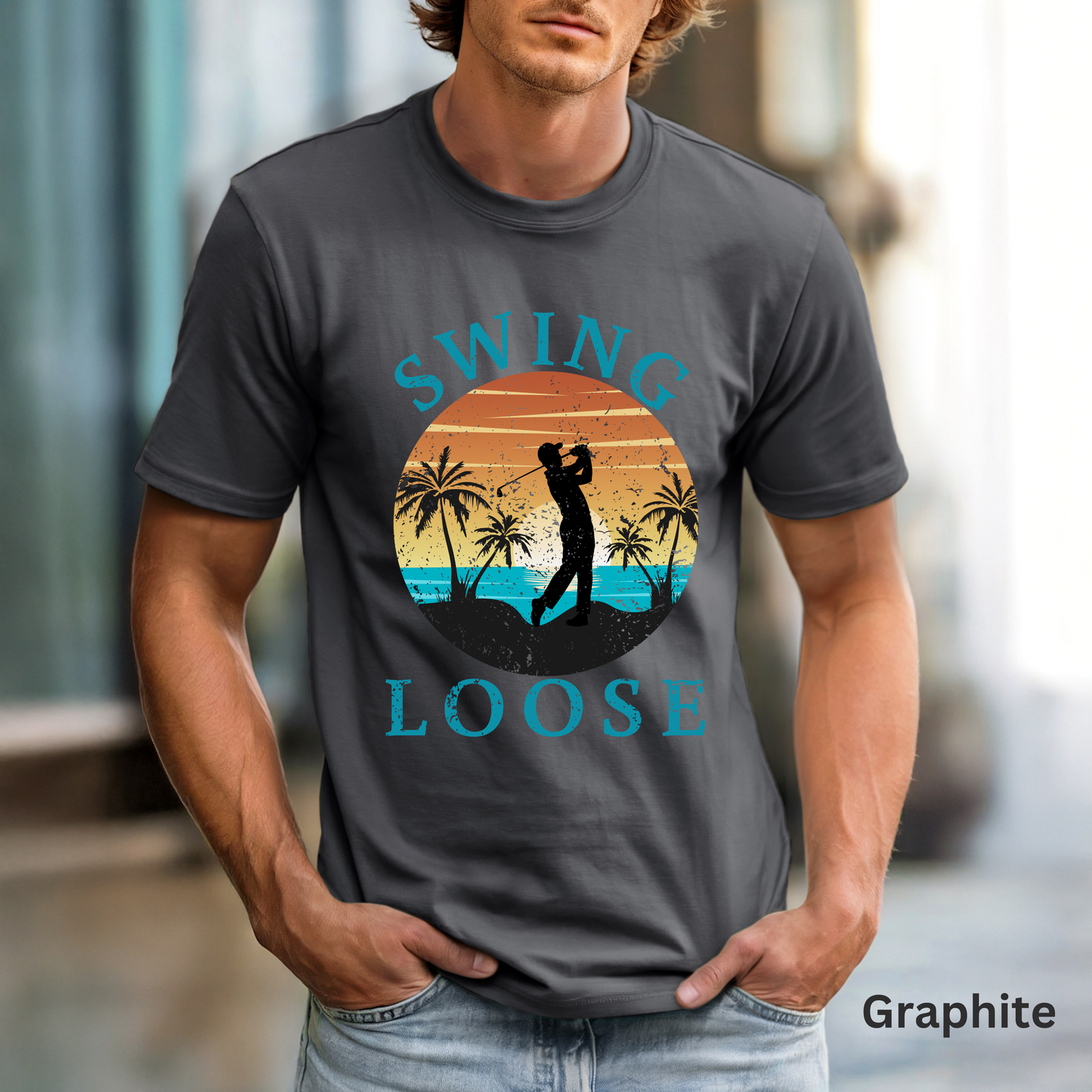 Swing Loose Shirt, Coastal Golf Tee, Beach Golf Shirt, Golf Vacation T-Shirt, Sunset Golf Graphic Tee, Golfer Gift