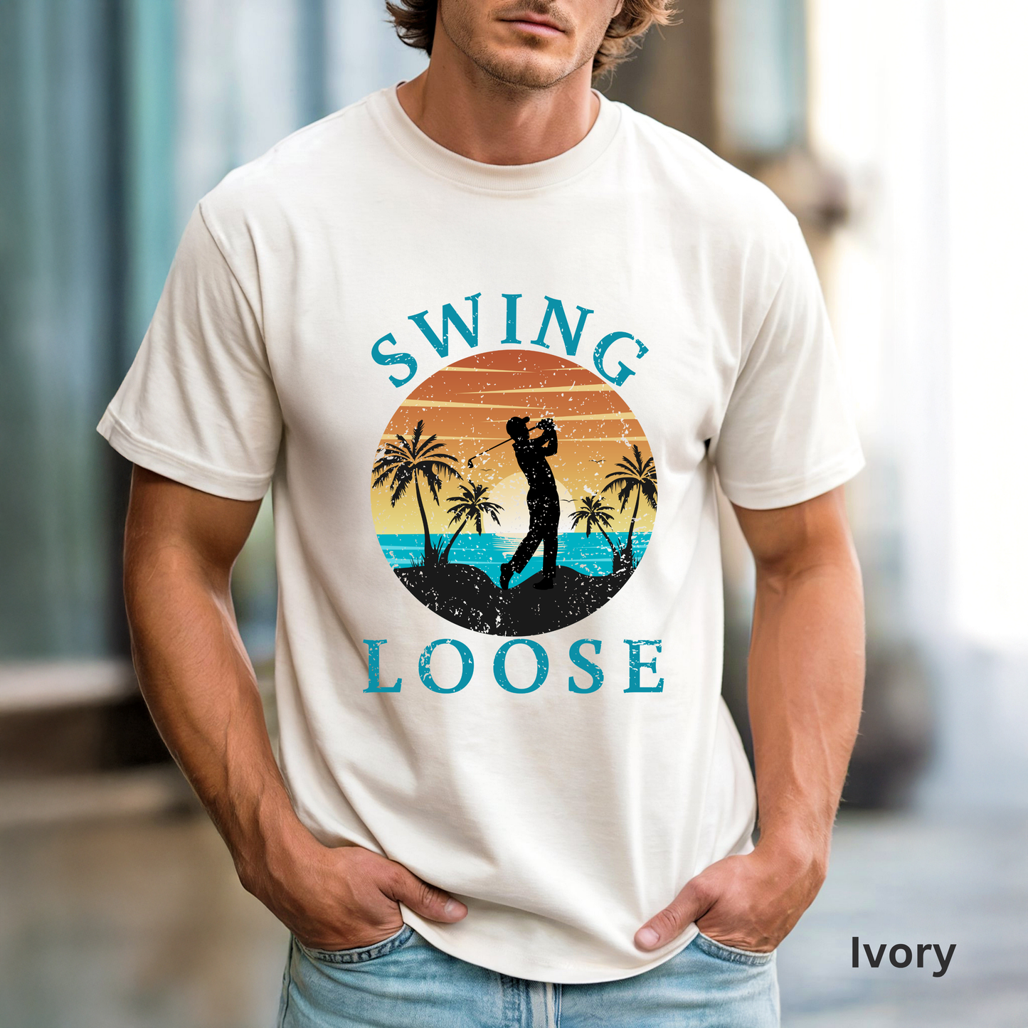 Swing Loose Shirt, Coastal Golf Tee, Beach Golf Shirt, Golf Vacation T-Shirt, Sunset Golf Graphic Tee, Golfer Gift