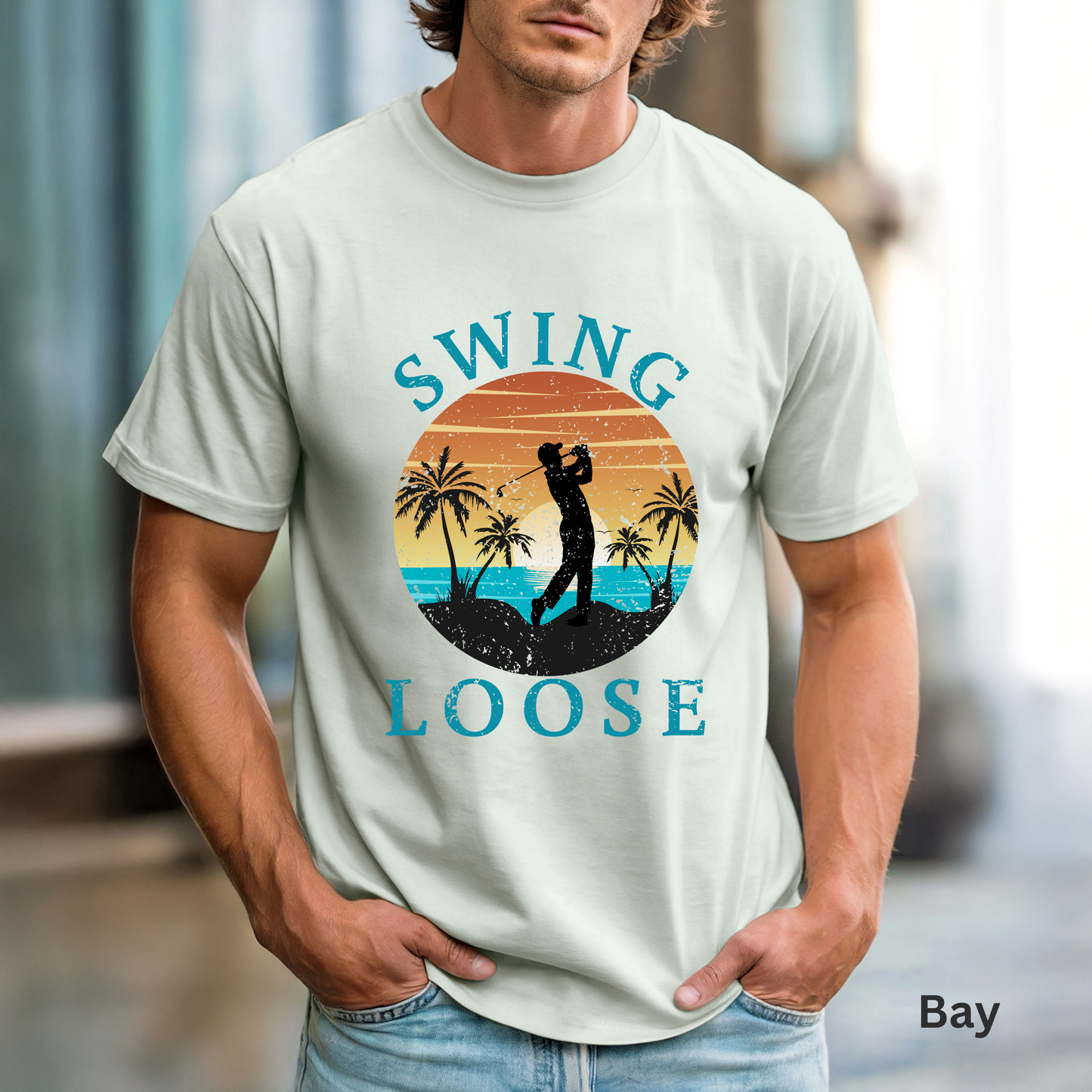 Swing Loose Shirt, Coastal Golf Tee, Beach Golf Shirt, Golf Vacation T-Shirt, Sunset Golf Graphic Tee, Golfer Gift