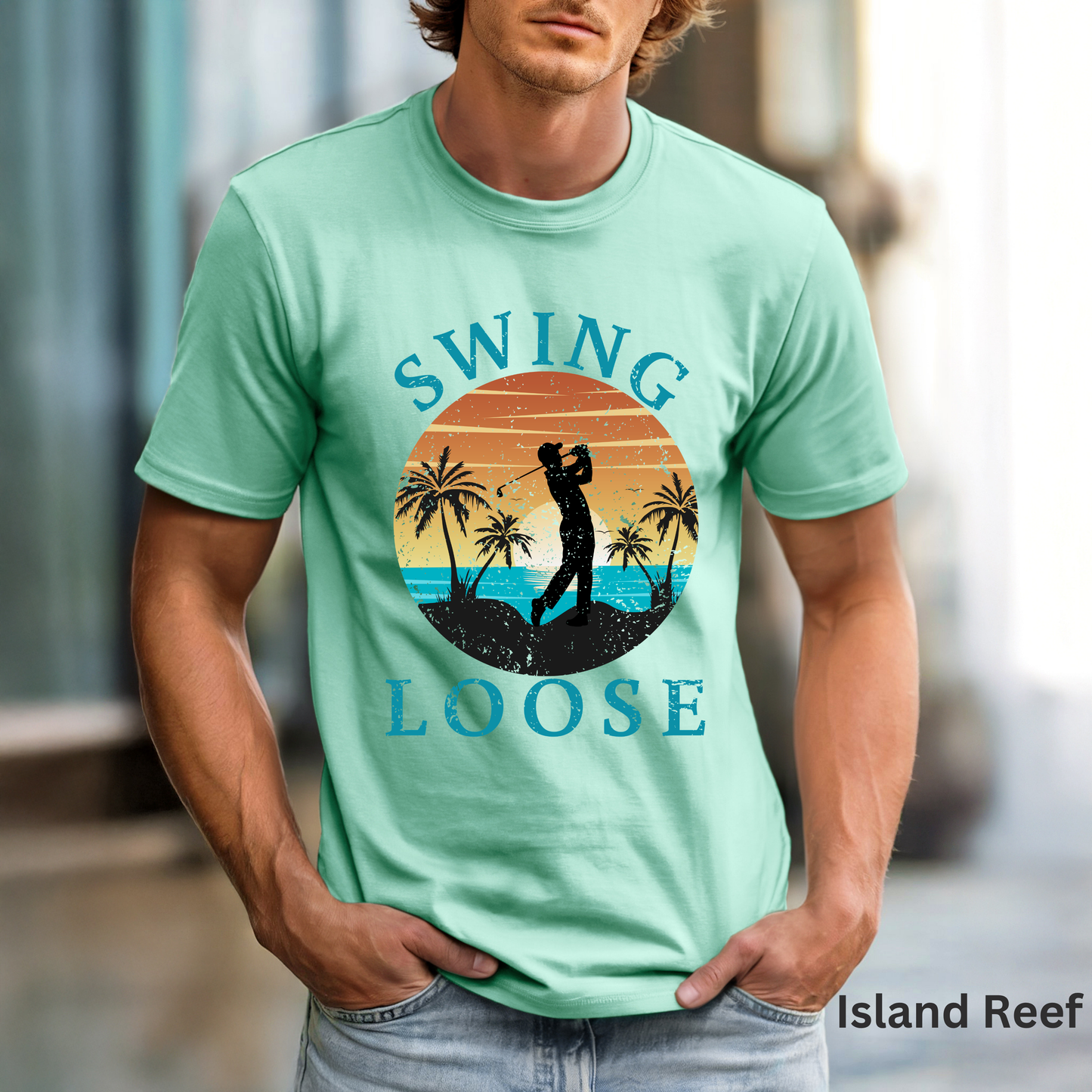 Swing Loose Shirt, Coastal Golf Tee, Beach Golf Shirt, Golf Vacation T-Shirt, Sunset Golf Graphic Tee, Golfer Gift