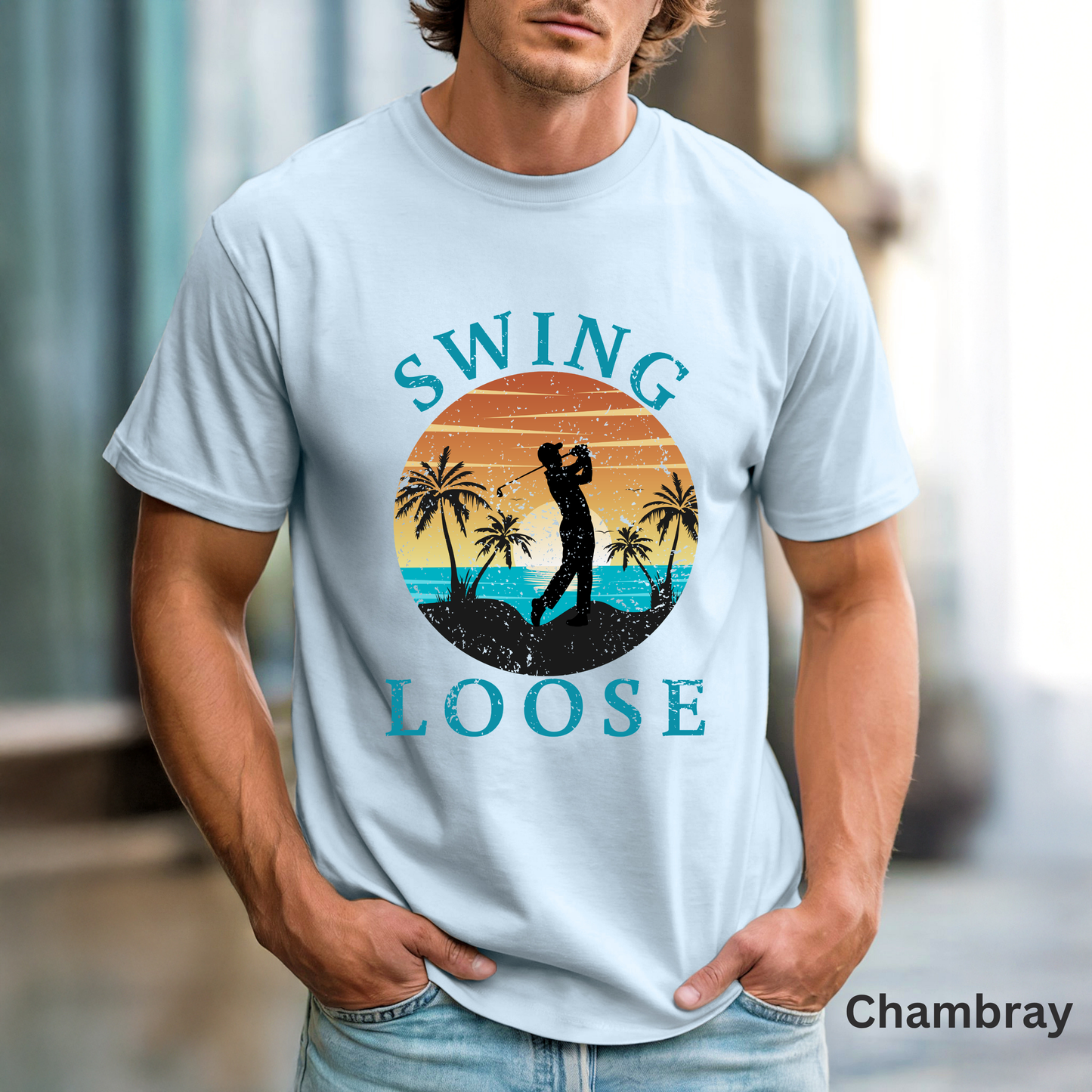 Swing Loose Shirt, Coastal Golf Tee, Beach Golf Shirt, Golf Vacation T-Shirt, Sunset Golf Graphic Tee, Golfer Gift