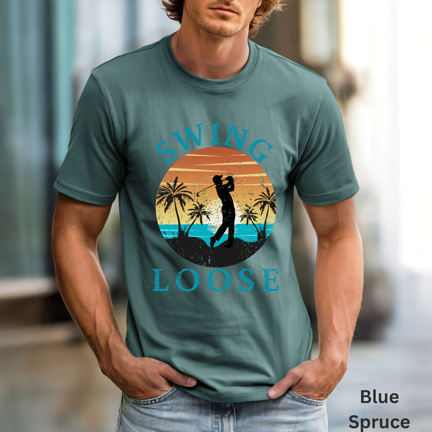 Swing Loose Shirt, Coastal Golf Tee, Beach Golf Shirt, Golf Vacation T-Shirt, Sunset Golf Graphic Tee, Golfer Gift