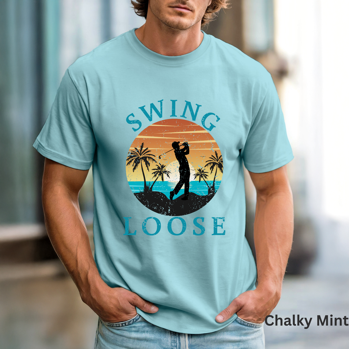 Swing Loose Shirt, Coastal Golf Tee, Beach Golf Shirt, Golf Vacation T-Shirt, Sunset Golf Graphic Tee, Golfer Gift
