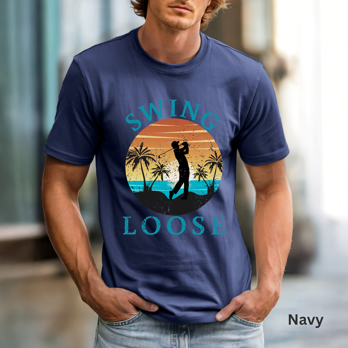 Swing Loose Shirt, Coastal Golf Tee, Beach Golf Shirt, Golf Vacation T-Shirt, Sunset Golf Graphic Tee, Golfer Gift