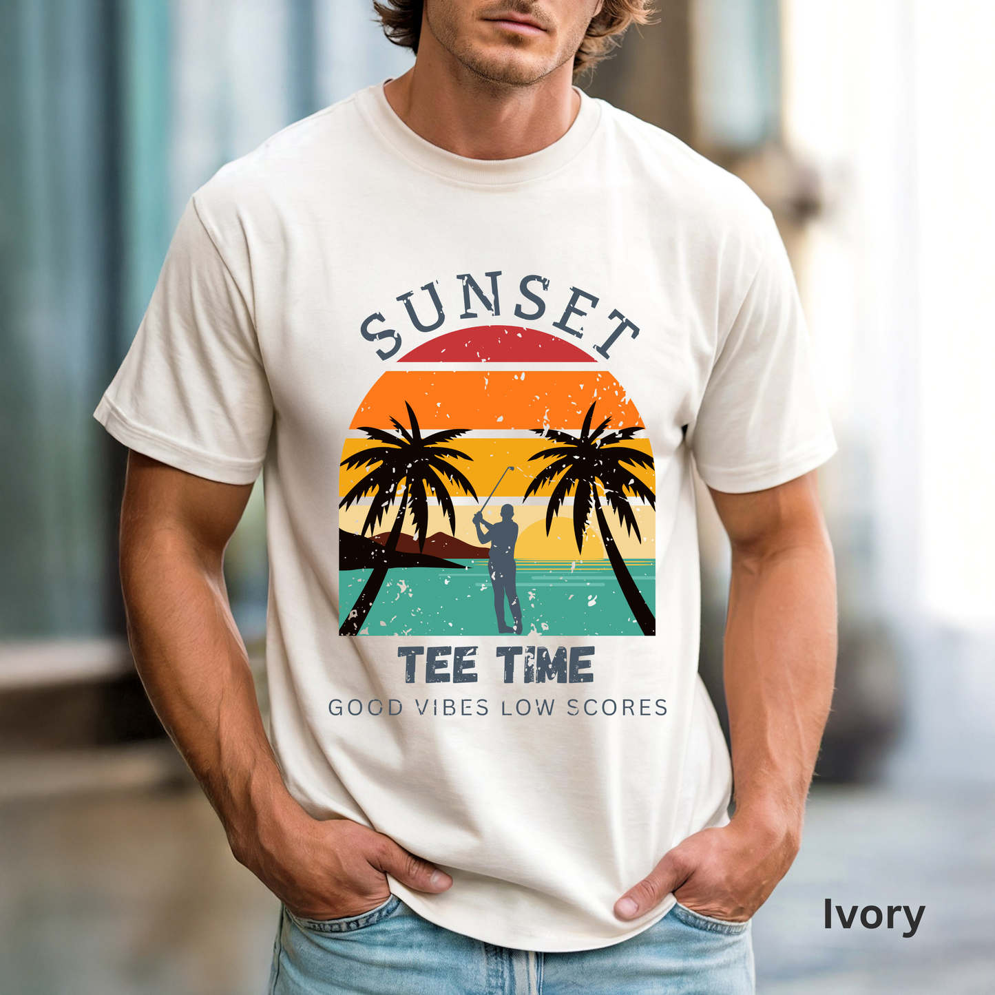 Sunset Tee Time Shirt, Coastal Golf Tee, Beach Golf Shirt, Golf Vacation T-Shirt, Sunset Golfer Gift, Golf Lifestyle Apparel