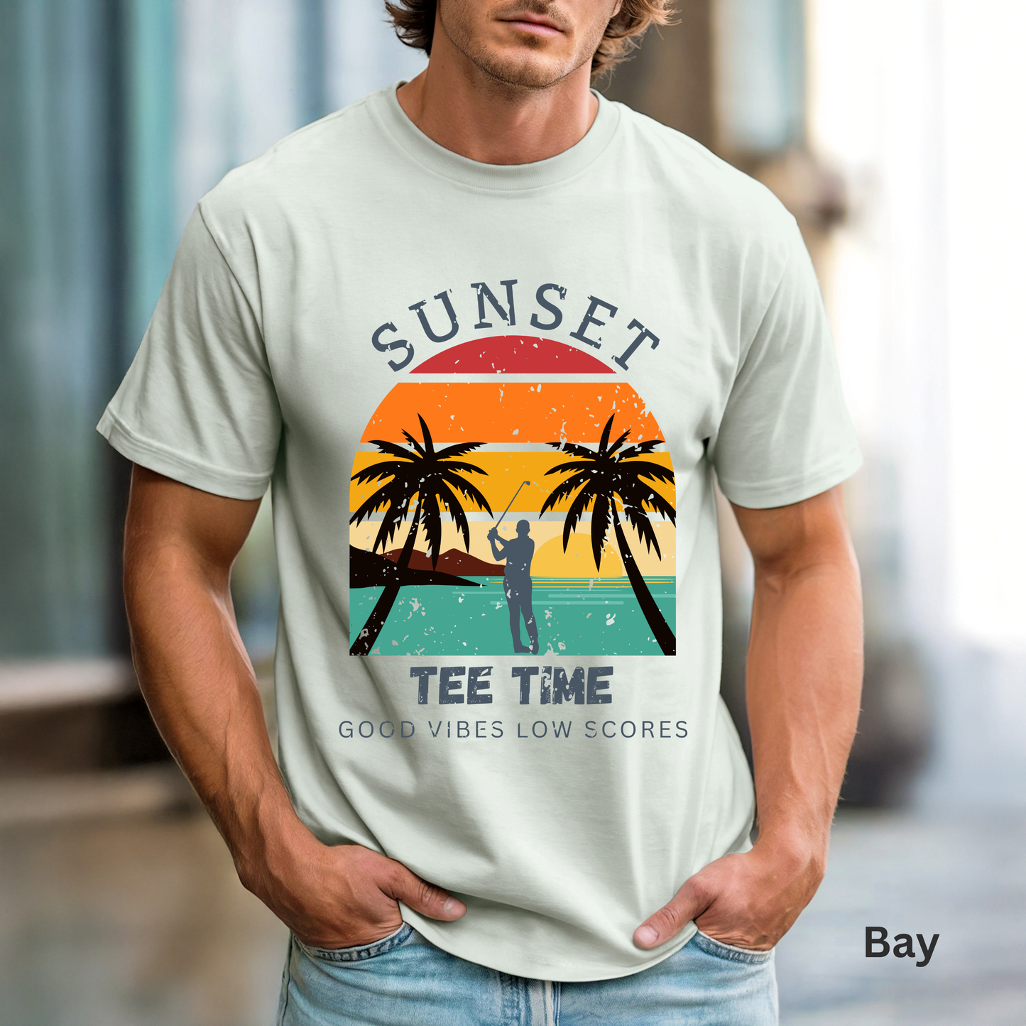 Sunset Tee Time Shirt, Coastal Golf Tee, Beach Golf Shirt, Golf Vacation T-Shirt, Sunset Golfer Gift, Golf Lifestyle Apparel