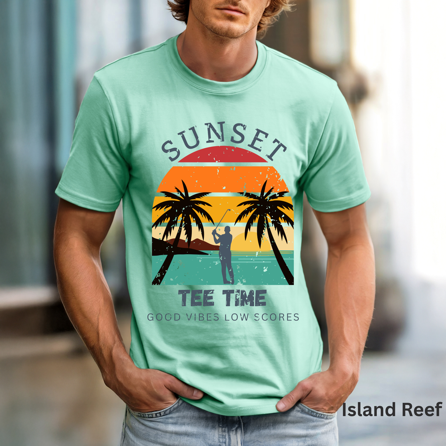 Sunset Tee Time Shirt, Coastal Golf Tee, Beach Golf Shirt, Golf Vacation T-Shirt, Sunset Golfer Gift, Golf Lifestyle Apparel