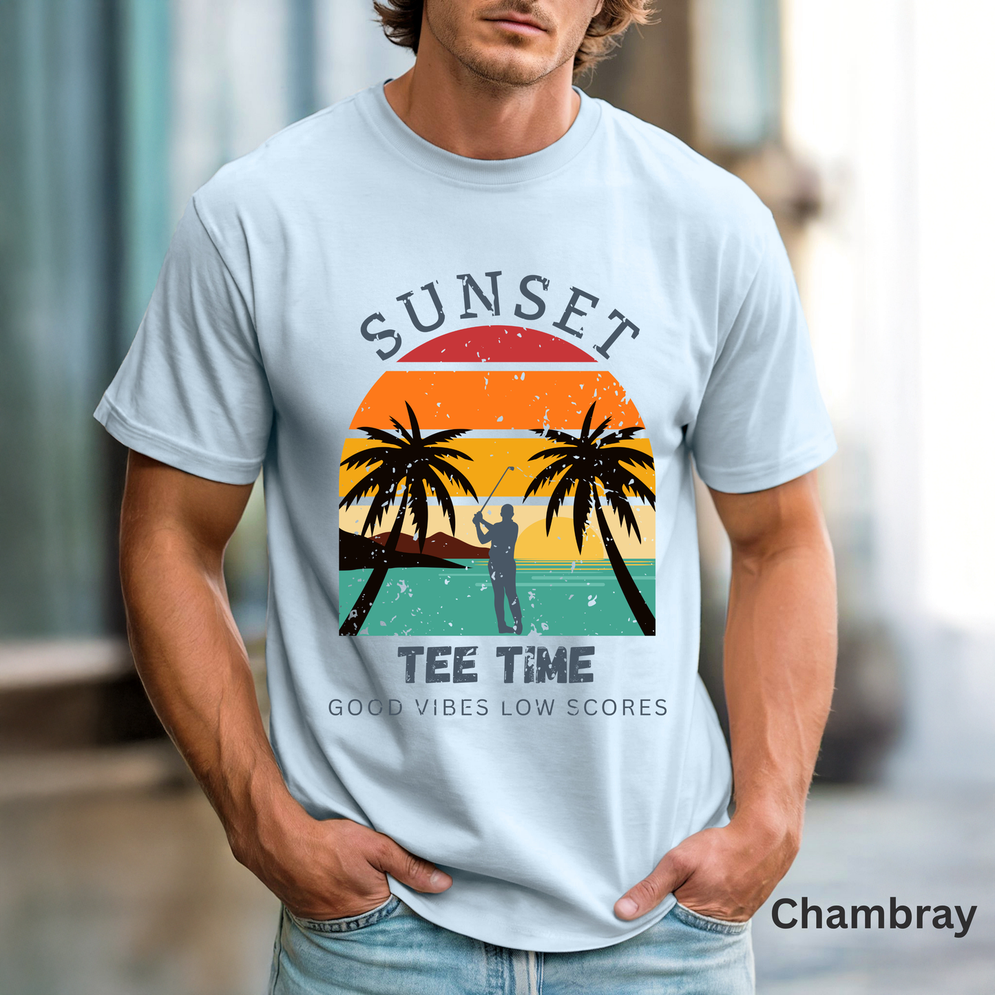 Sunset Tee Time Shirt, Coastal Golf Tee, Beach Golf Shirt, Golf Vacation T-Shirt, Sunset Golfer Gift, Golf Lifestyle Apparel