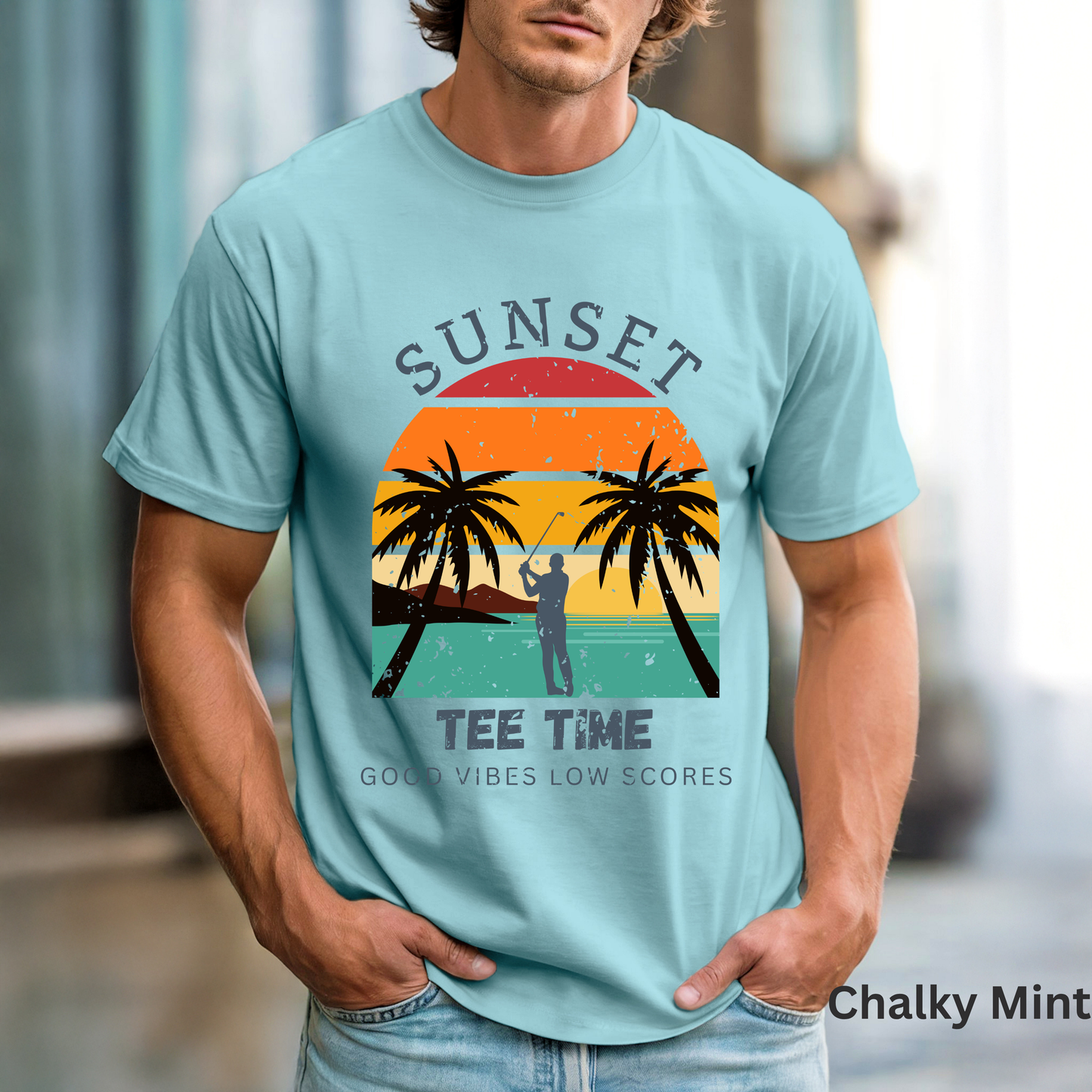 Sunset Tee Time Shirt, Coastal Golf Tee, Beach Golf Shirt, Golf Vacation T-Shirt, Sunset Golfer Gift, Golf Lifestyle Apparel