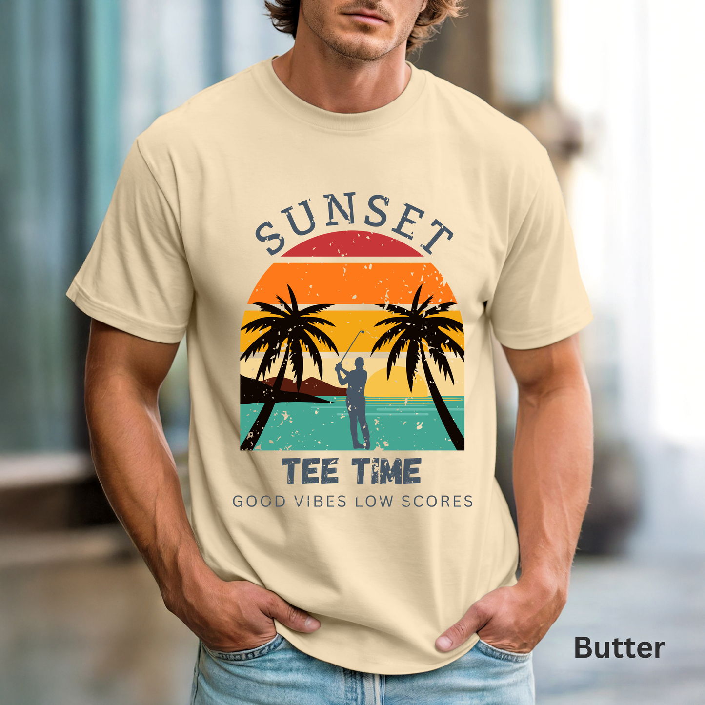 Sunset Tee Time Shirt, Coastal Golf Tee, Beach Golf Shirt, Golf Vacation T-Shirt, Sunset Golfer Gift, Golf Lifestyle Apparel