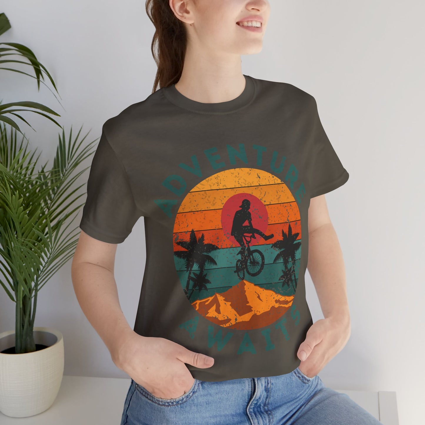 Adventure Awaits Bike Shirt, Retro Cycling Tee, Mountain Bike Shirt, Outdoor Adventure Shirt, Vintage Sunset Biker Tee, Hiking Travel Shirt