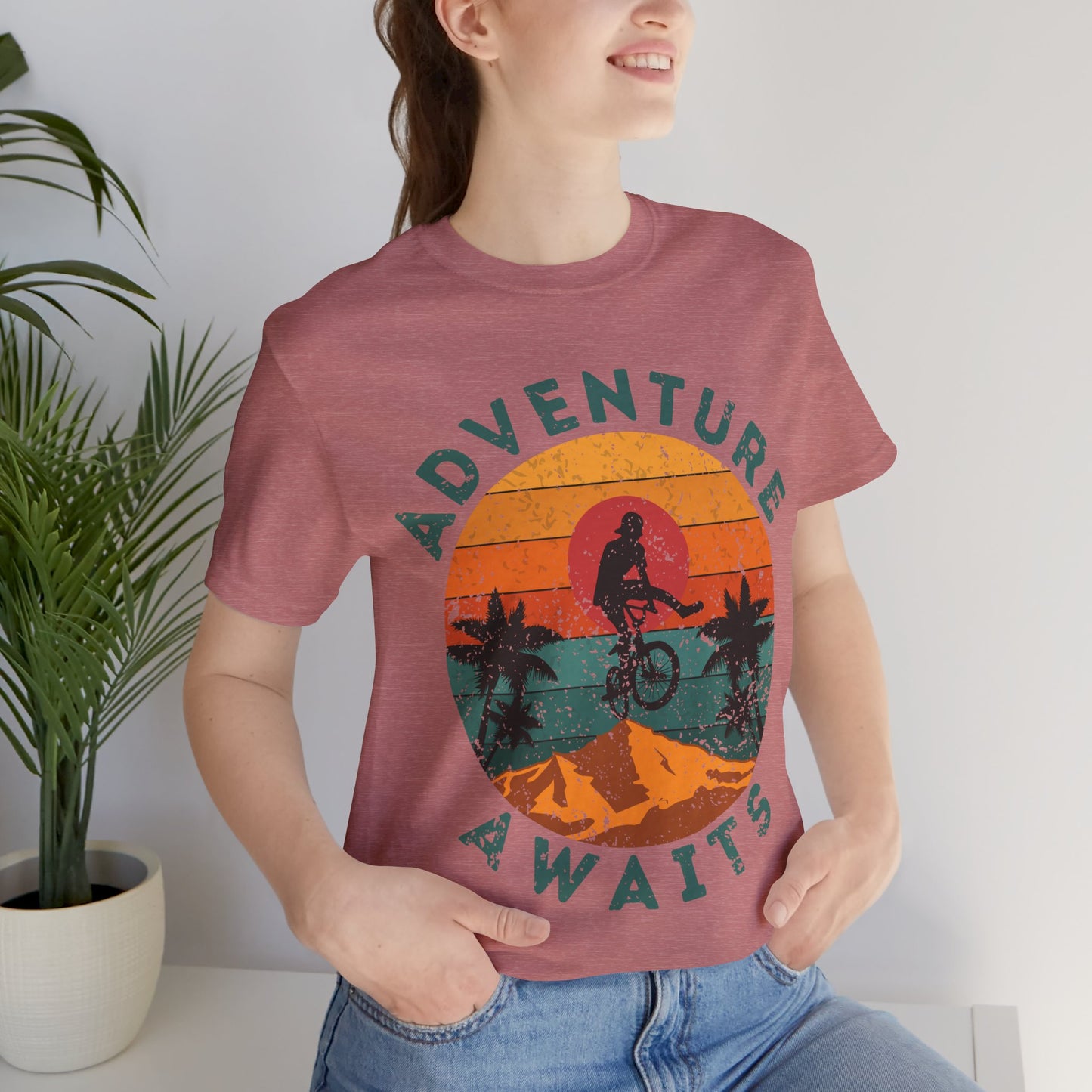 Adventure Awaits Bike Shirt, Retro Cycling Tee, Mountain Bike Shirt, Outdoor Adventure Shirt, Vintage Sunset Biker Tee, Hiking Travel Shirt