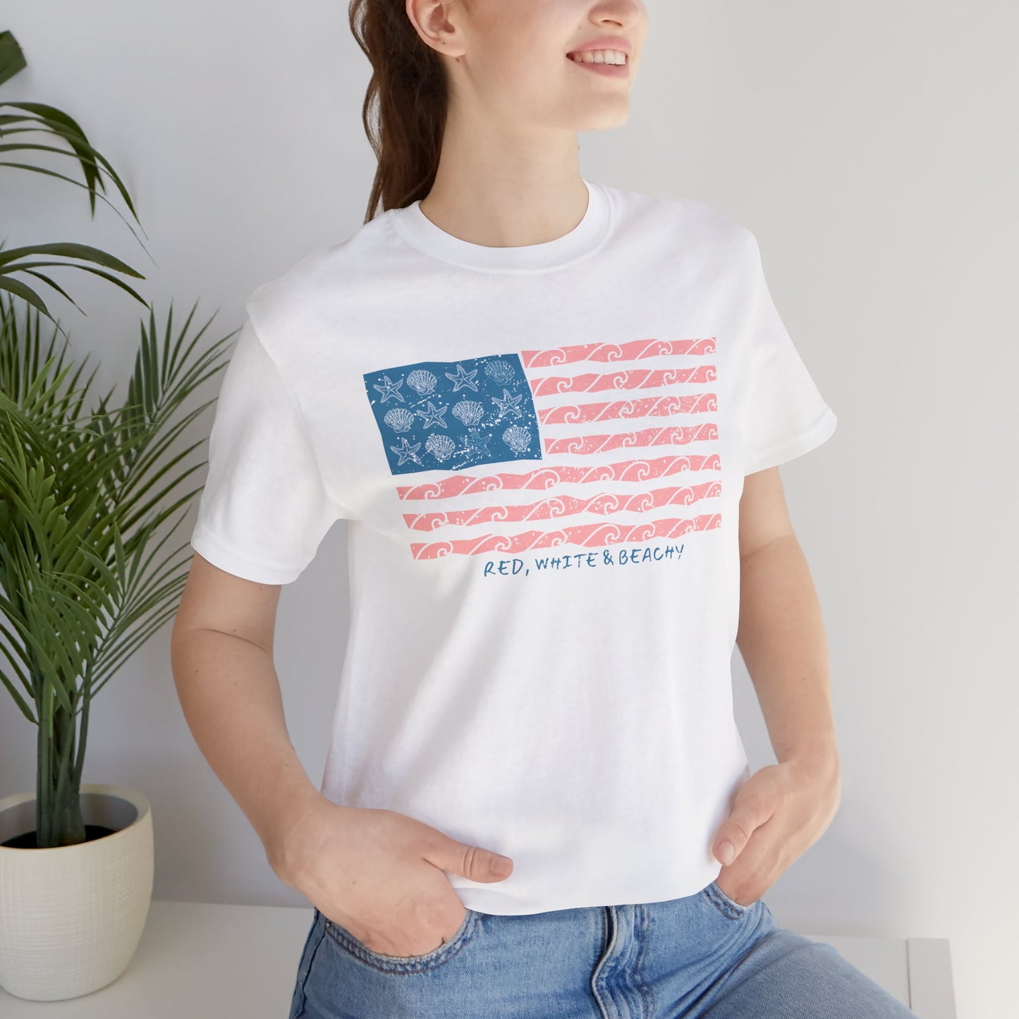 Red, White & Beachy, Vintage American Flag Shirt, Patriotic USA Tee, 4th of July Shirt, Independence Day Outfit, Retro USA Graphic Tee